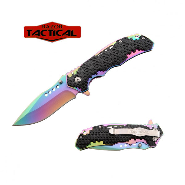 Rainbow Blade Spring Assist knife W/ Pink Pearl Handle