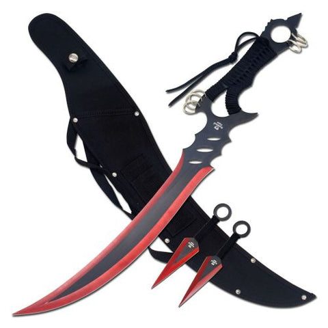 RED CURVED MACHETE WITH KUNAI THROWERS